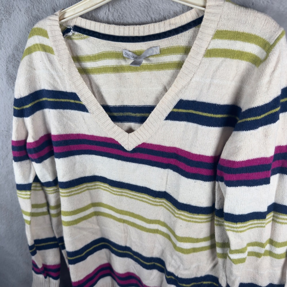 Old‎ Navy Womens XL Striped V-Neck Knit Pullover Sweater Cream Pink Green Blue